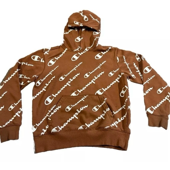 CHAMPION Burnt Orange All-Over Logo Graphic Print Fleece Hoodie Sweatshirt MED - Picture 1 of 9